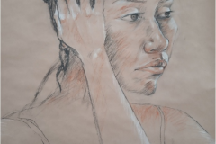 Mujer retocándose el pelo, 61x80. Técnica mixta sobre papel, 2014 - Woman retouching her hair, 61x80. Mixed technique on paper, 2014