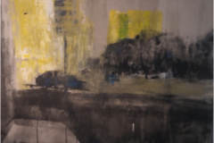 Paisaje urbano amarillo sobre gris, 75x105. Acrílico  sobre cartón, 2013 - Yellow urban landscape on grey, 75x105. Acrylic on Cardboard, 2013