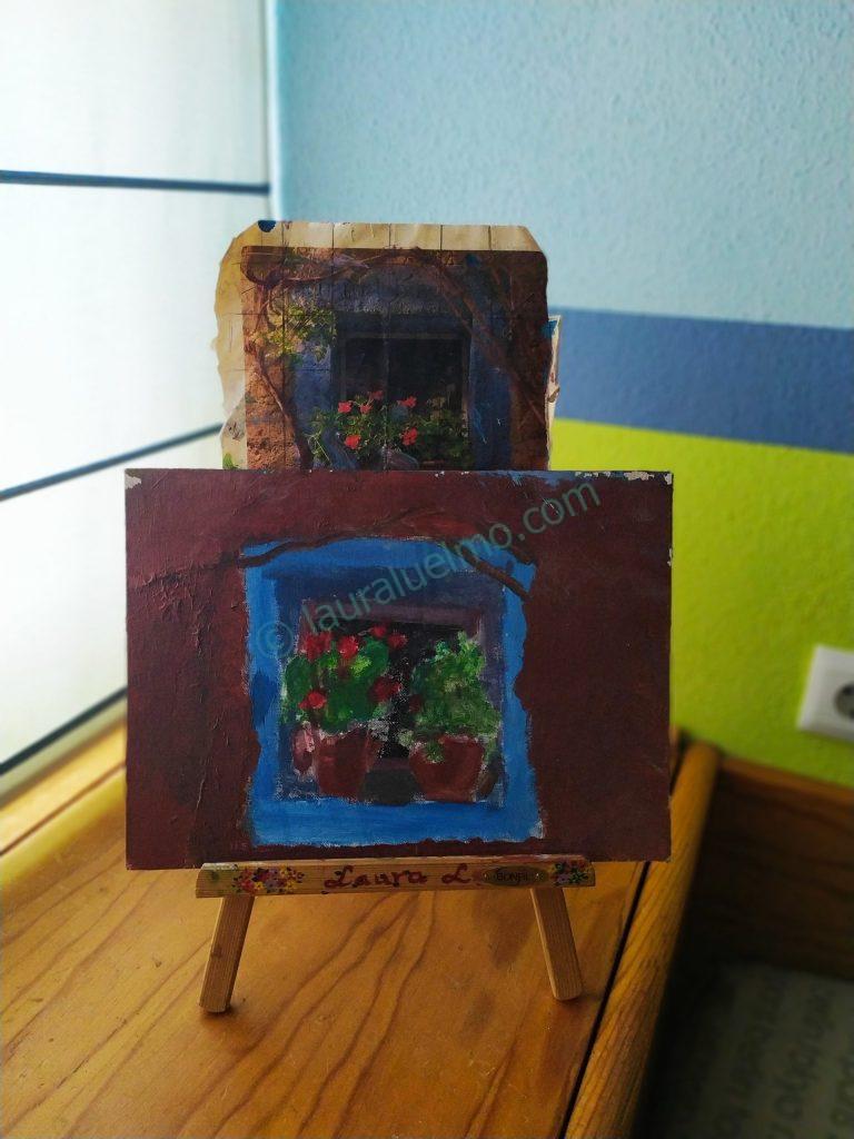 Laura Luelmo-Peinture : Premiers travaux de peinture et taches de couleur (fenêtre en pot, technique acrylique, 1999) et son premier chevalet.