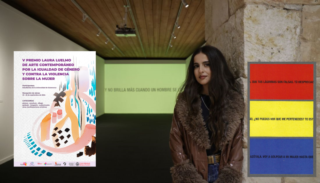 Composición cartel SAC-USAL exposición y folleto sobre fotografía obra y artista ganadora V Premio Laura Luelmo de arte Contemporáneo 2024